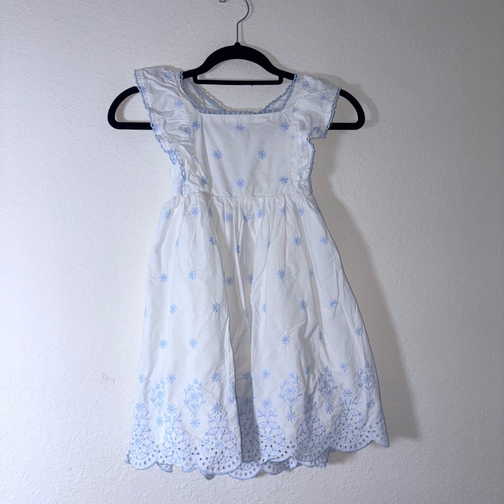 Rachel Zoe Dress age 7 White Blue cotton Floral Eyelet Ruffle Flutter Sleeve